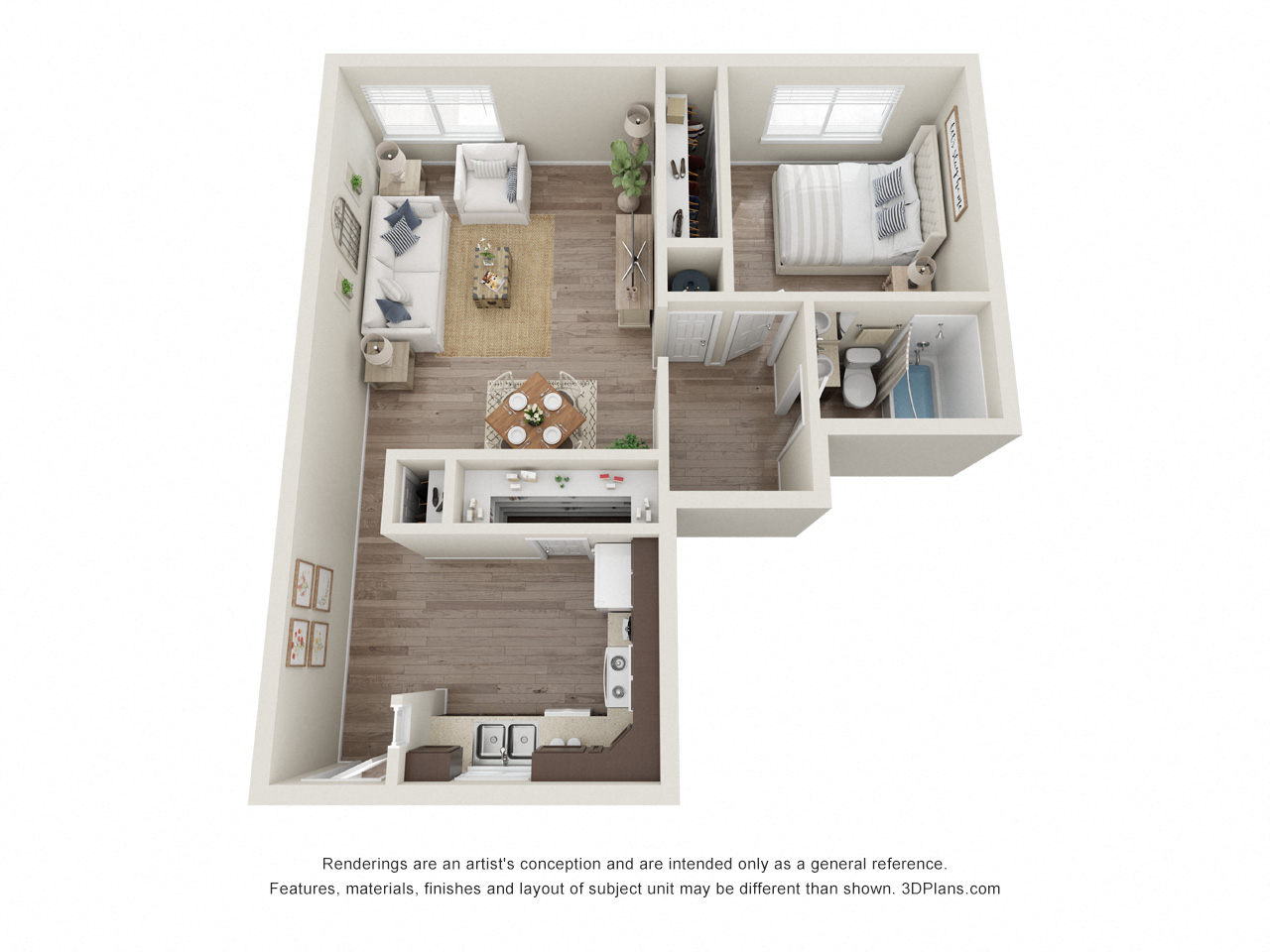 a stylized floor plan with a bedroom and a living room